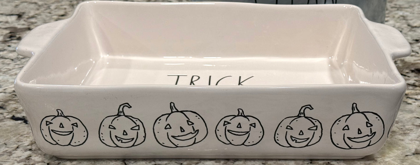 New Rae Dunn white ceramic Halloween decor TRICK OR TREAT baking dish pan casserole dish