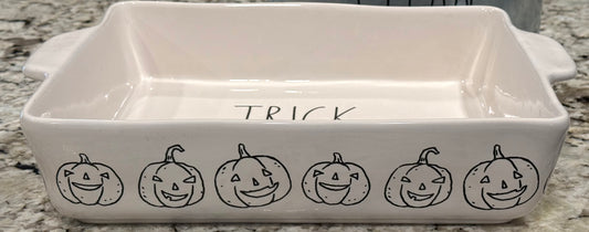 New Rae Dunn white ceramic Halloween decor TRICK OR TREAT baking dish pan casserole dish