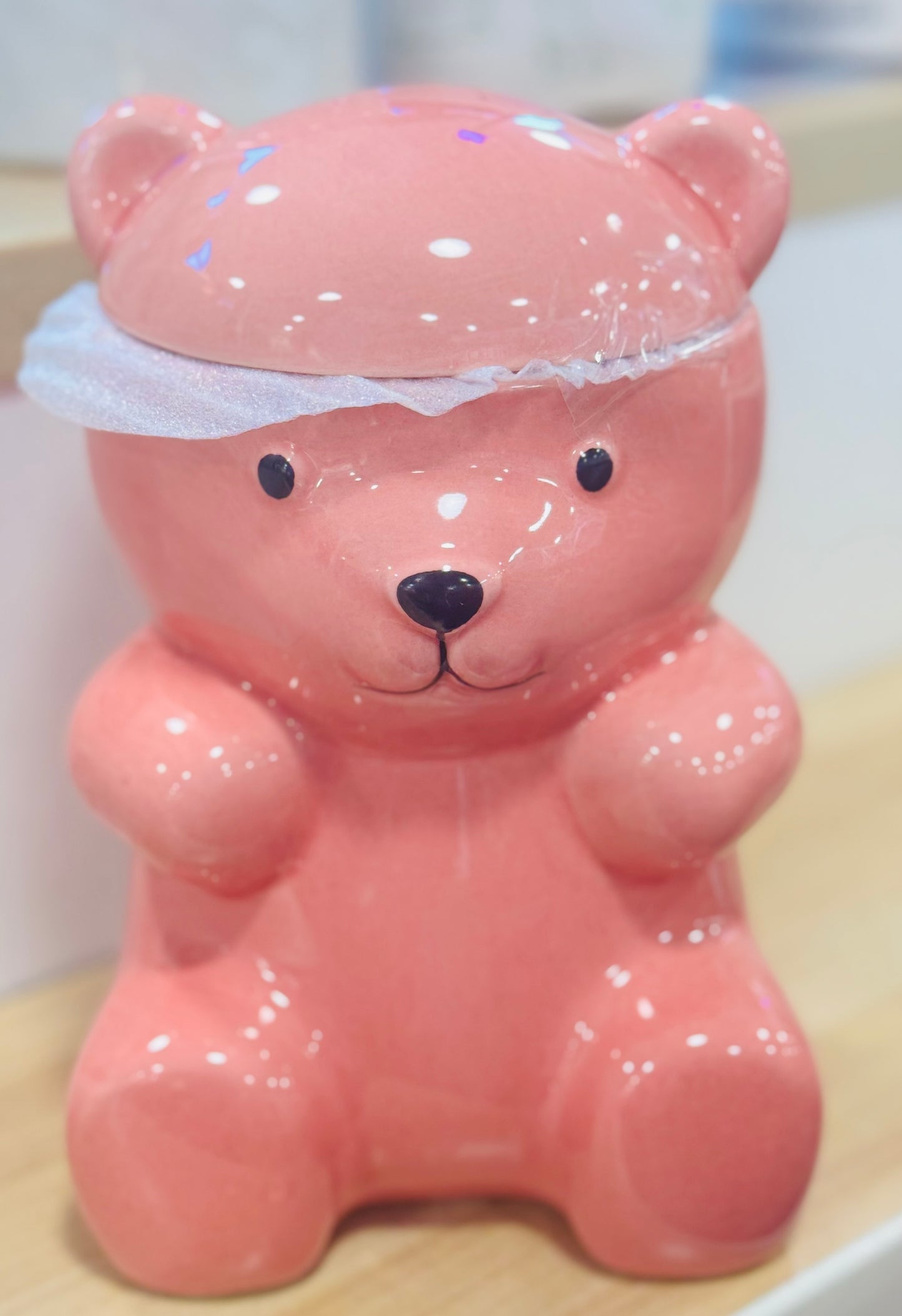 New salmon pink ceramic 8” Teddy Bear cookie/candy jar decor