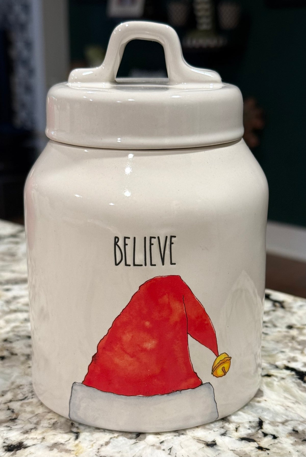 New Rae Dunn white ceramic Christmas canister 6” BELIEVE
