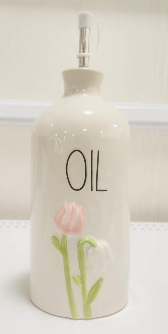 New Rae Dunn white floral ceramic spring OIL cruet