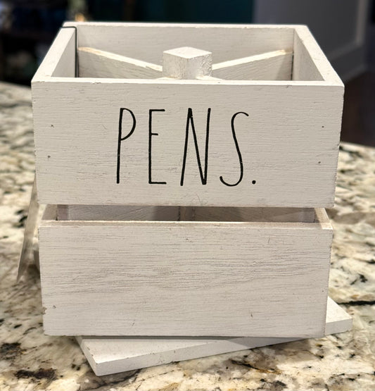 New Rae Dunn white wood storage box PENS/PENCILS spinning container 4.5”
