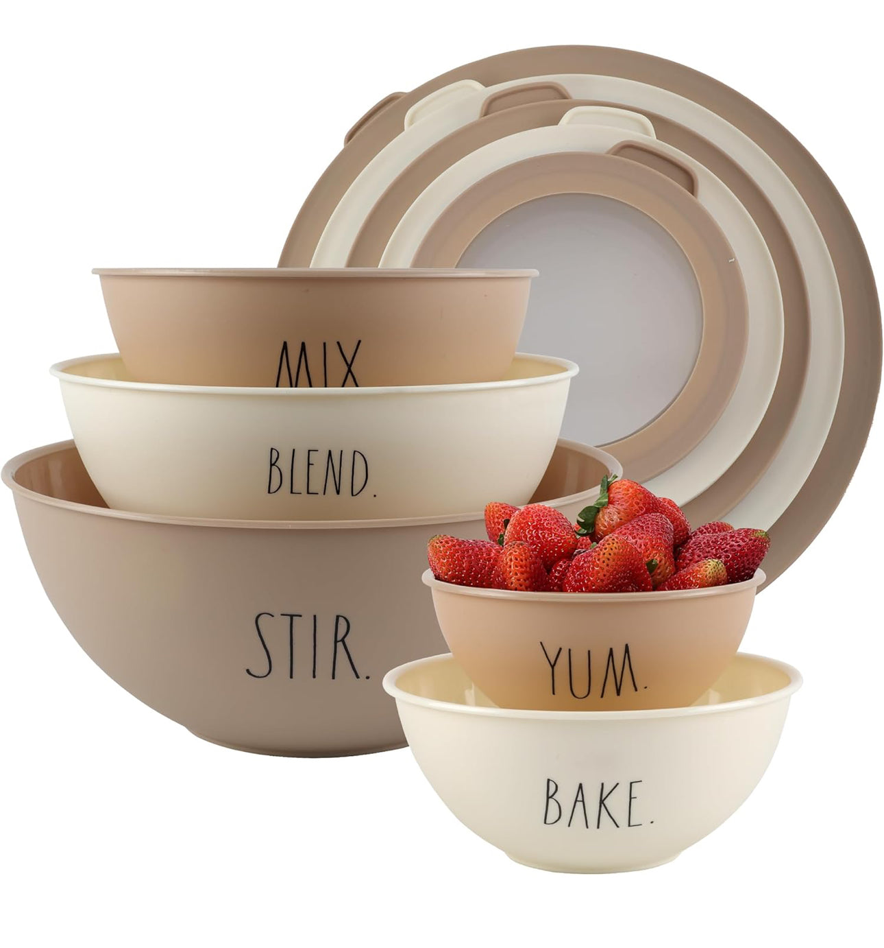 New Rae Dunn 10-piece plastic nesting mixing bowl set with lids Brown, Ivory, Beige