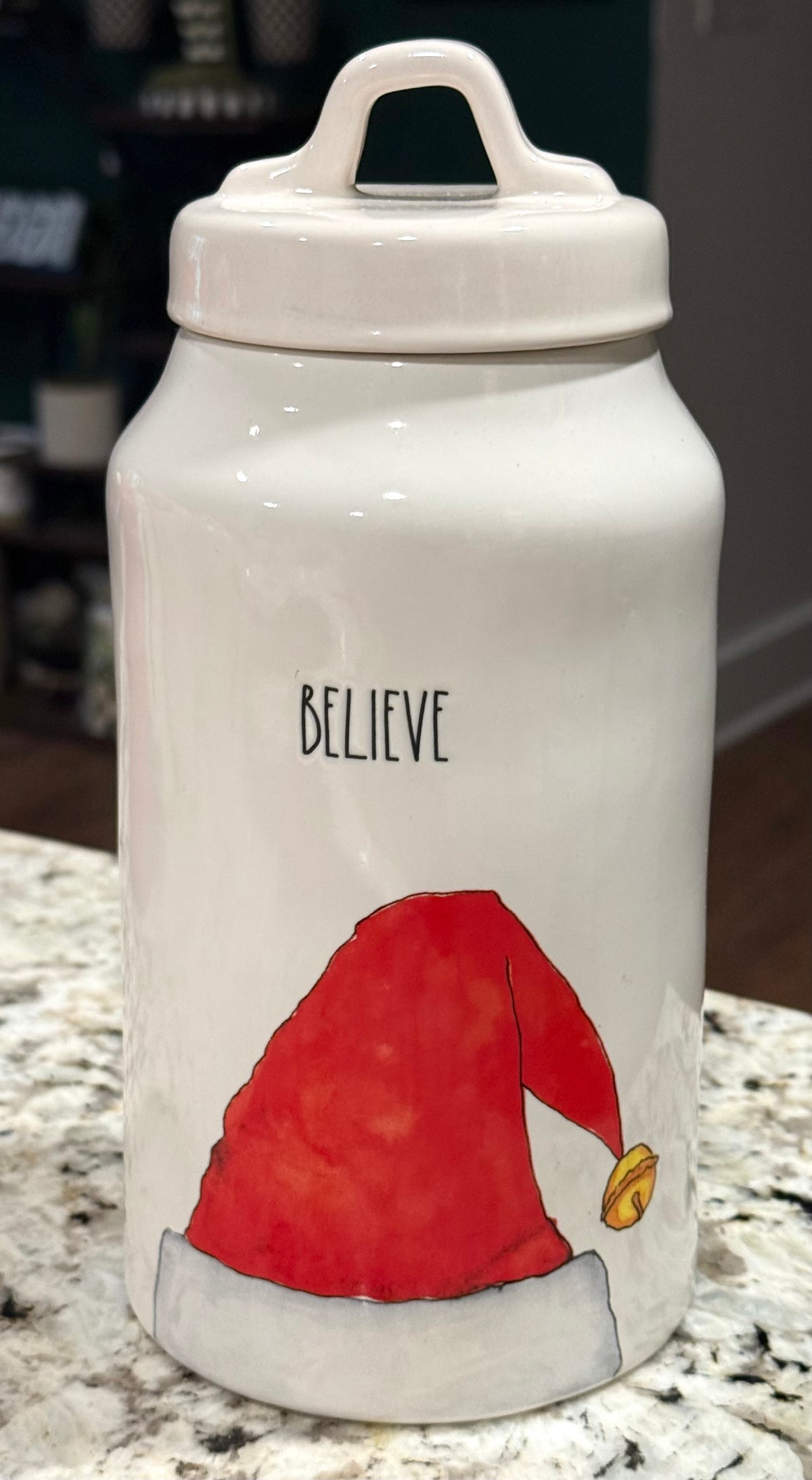 New Rae Dunn white ceramic Christmas canister 8”BELIEVE