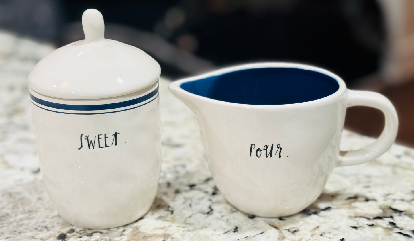 Rae Dunn blue line ceramic cream & sugar set POUR & SWEET