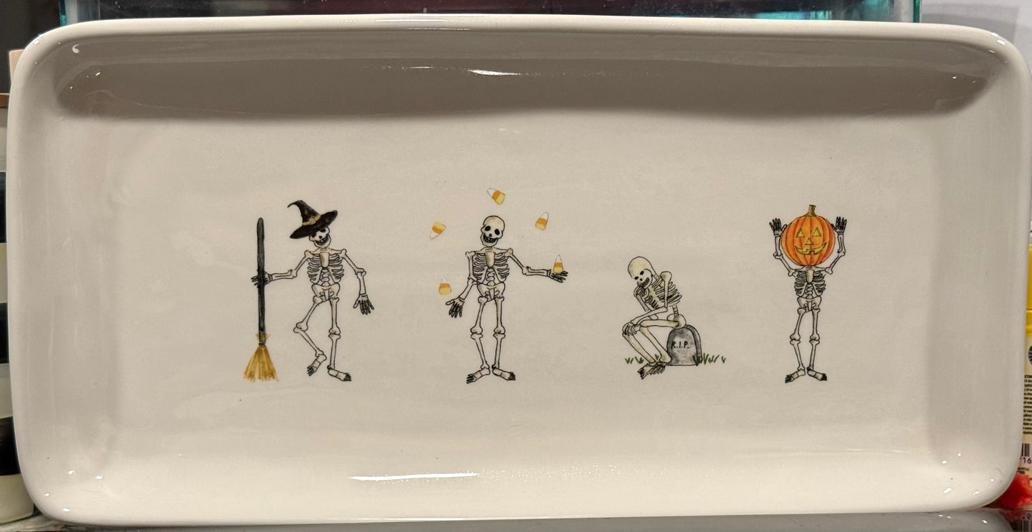 Rae Dunn white ceramic 14x6.5 dancing skeletons Halloween platter serving tray