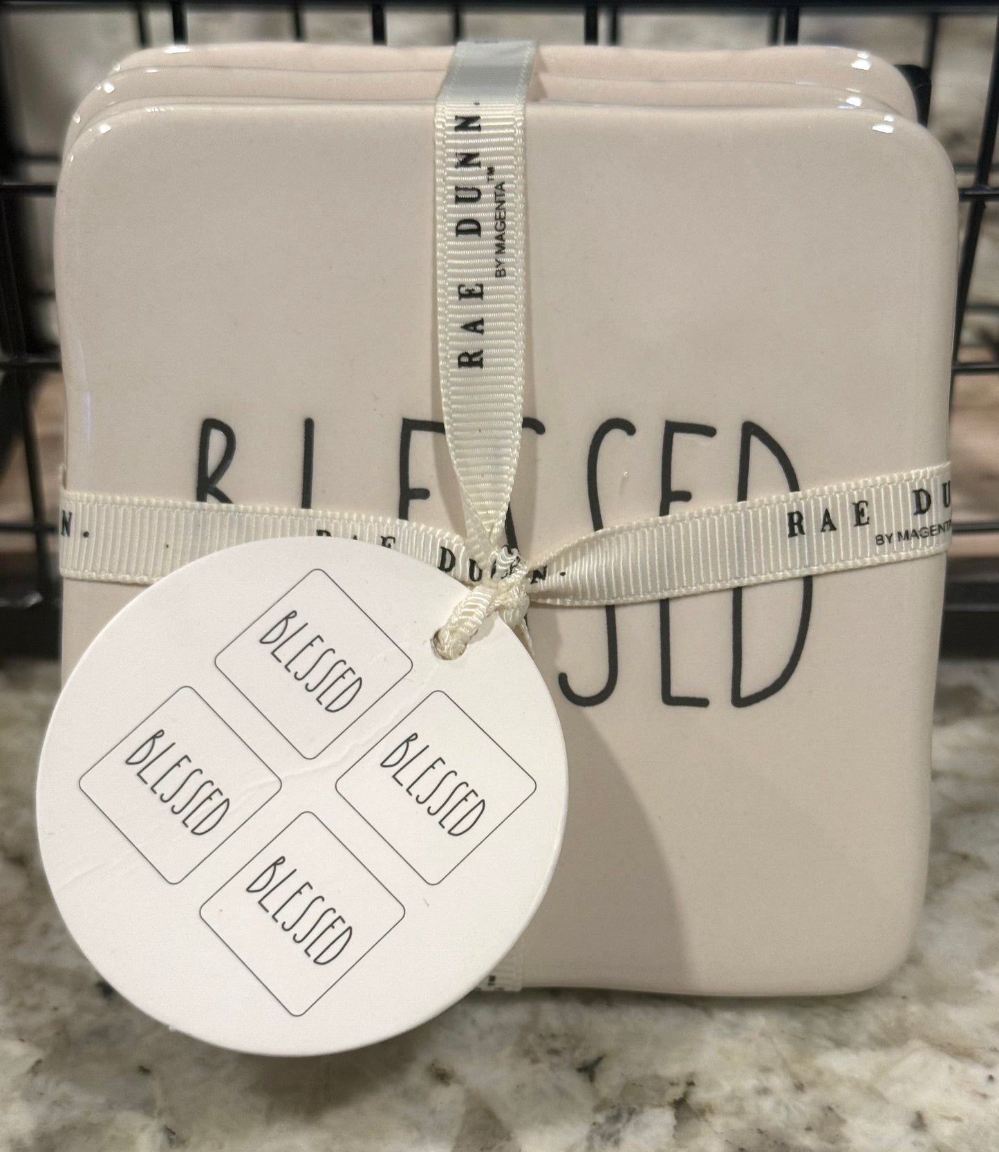 New Rae Dunn white ceramic 4-piece BLESSED coaster set