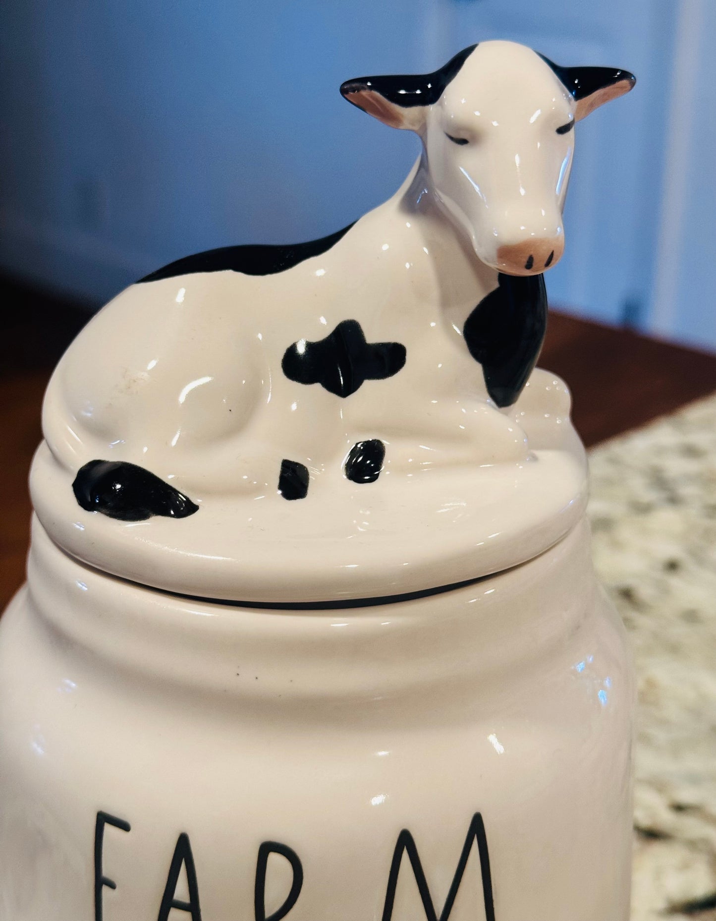 New Rae Dunn white ceramic cow topped farm canister FARM FRESH