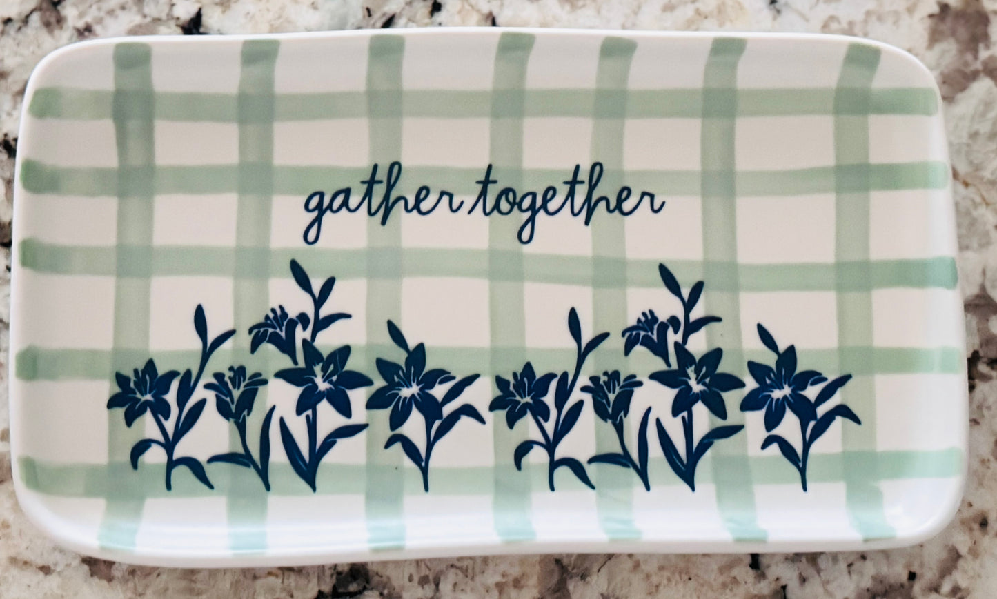 New Rae Dunn checkered Taupe GATHER TOGETHER script plate green