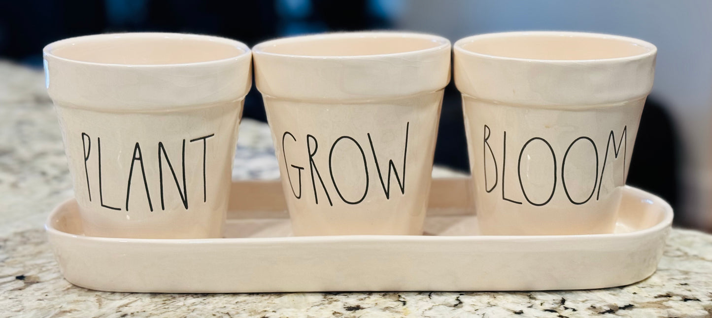 Rae Dunn ceramic 4-piece planter set PLANT GROW BLOOM