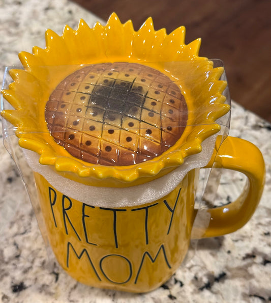 New Rae Dunn yellow sunflower topper ceramic coffee mug PRETTY MOM