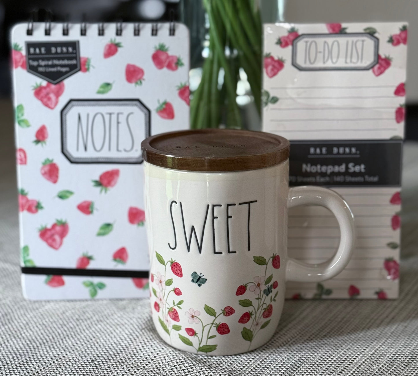 New Rae Dunn 3-piece Strawberry 🍓 gift set SWEET coffee mug, notes notebook, to-do list/grochery list notepad set