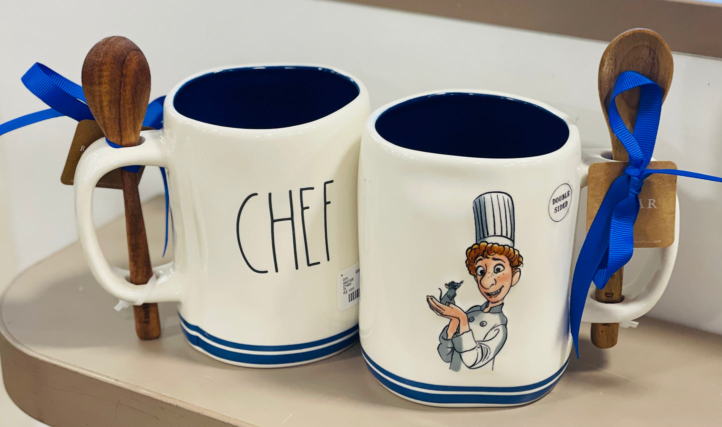New Rae Dunn x Pixar Ratatouille white ceramic side coffee mug with wood spoon CHEF