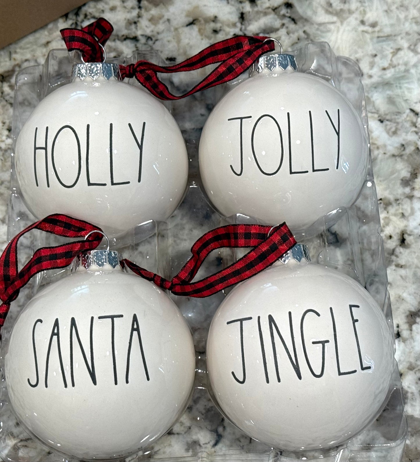 New in box Rae Dunn white ceramic Christmas ornament set HOLLY, JOLLY, SANTA, JINGLE