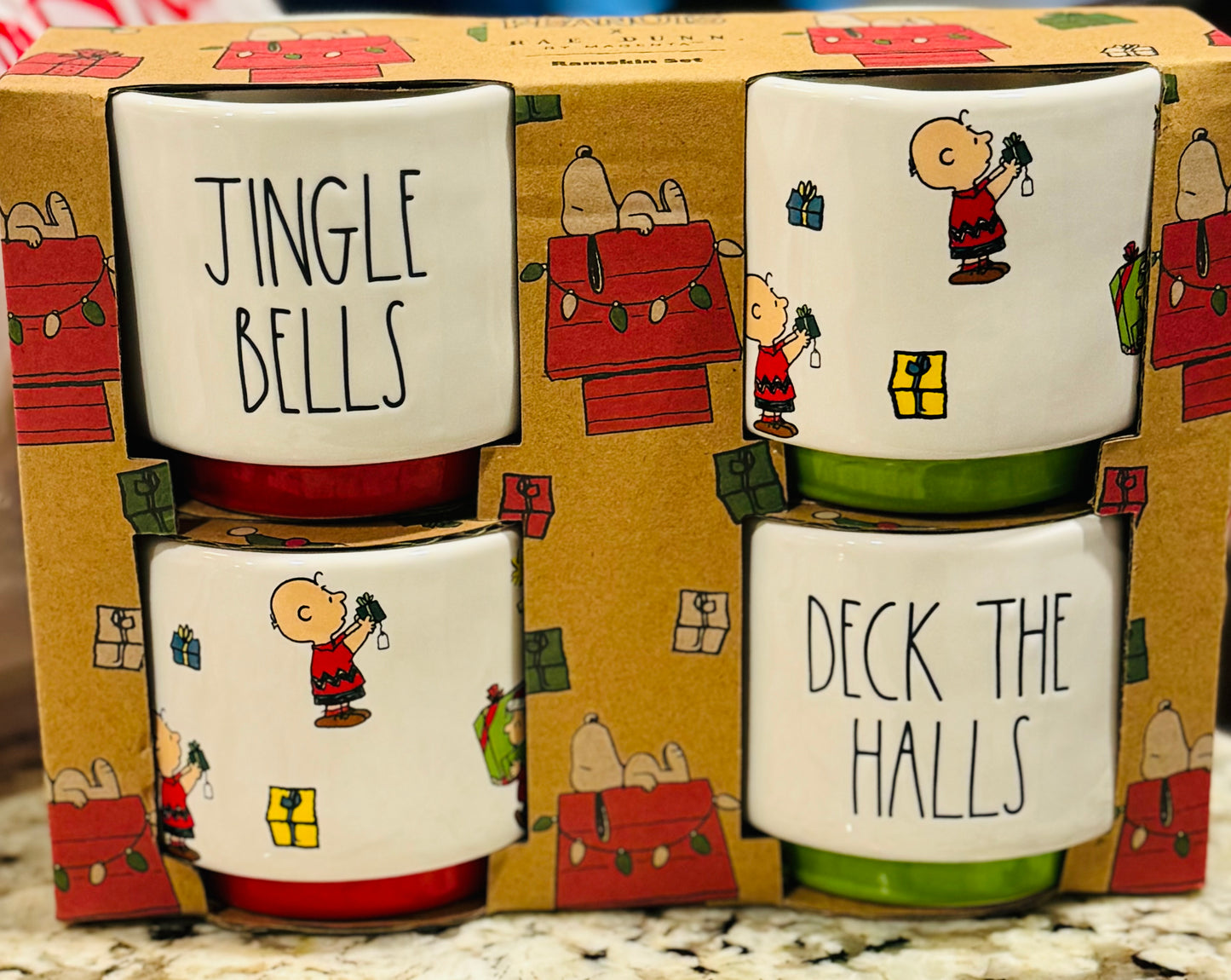 New Rae Dunn x Peanuts Snoopy 4-piece ramekin set JINGLE BELLS DECK THE HALLS