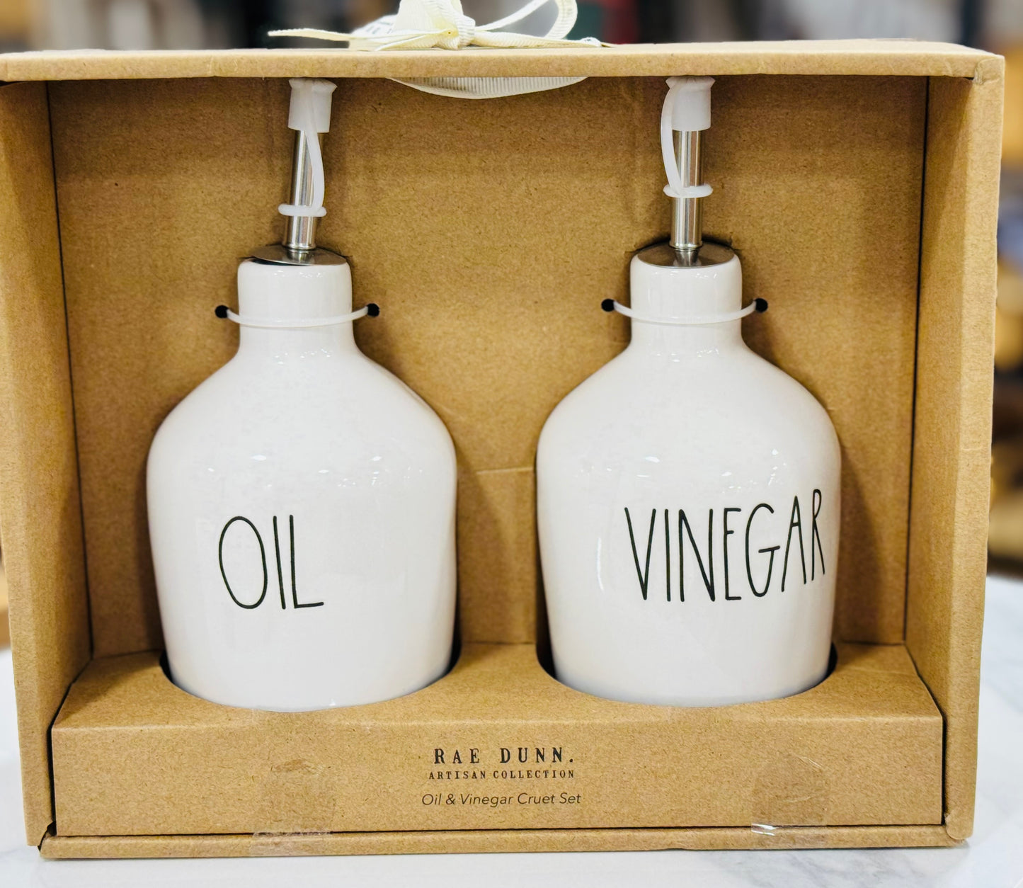 New Rae Dunn white ceramic 2-piece OIL & VINEGAR cruet set