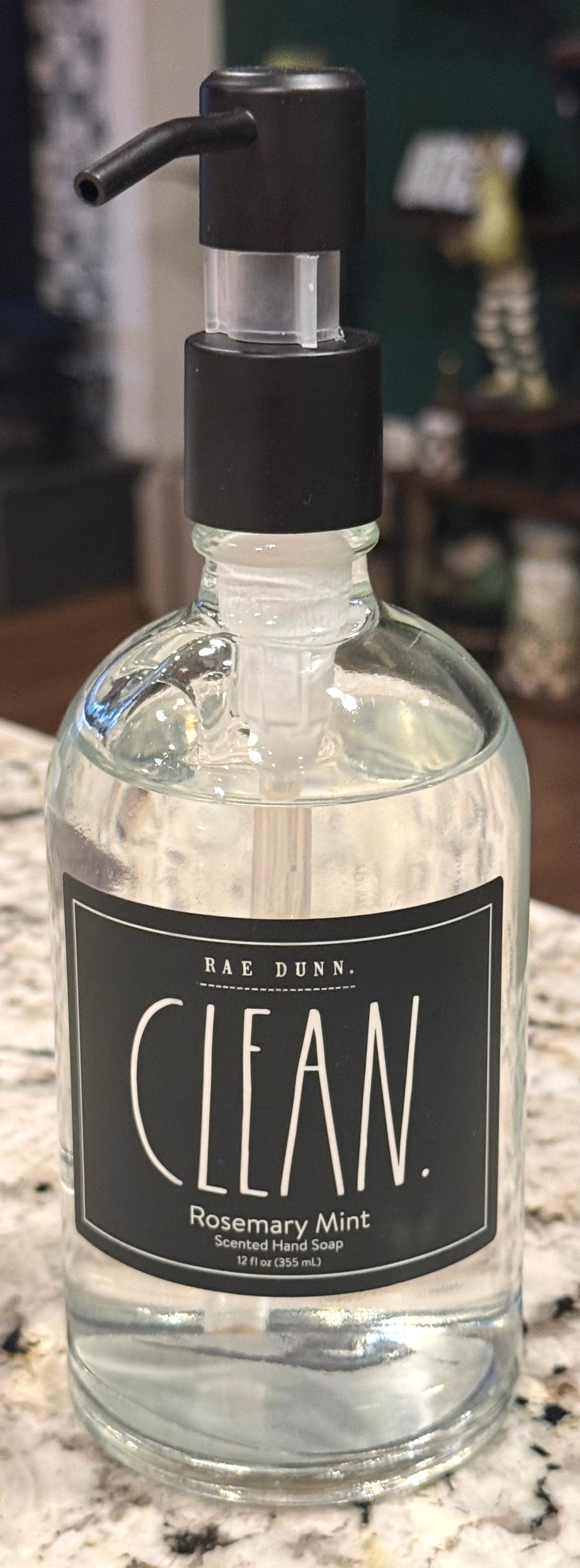 New Rae Dunn glass soap dispenser CLEAN. Rosemary Mint scent.