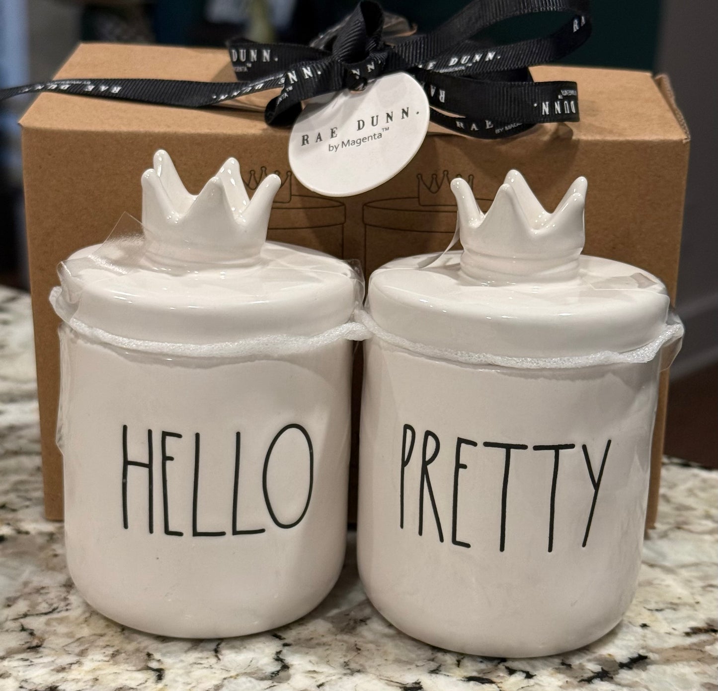 New Rae Dunn white ceramic storage jar set with crown topper HELLO PRETTY