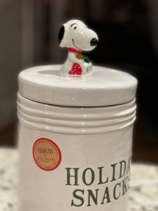 New Rae Dunn x Peanuts Snoopy ceramic HOLIDAY TREATS topped canister storage jar