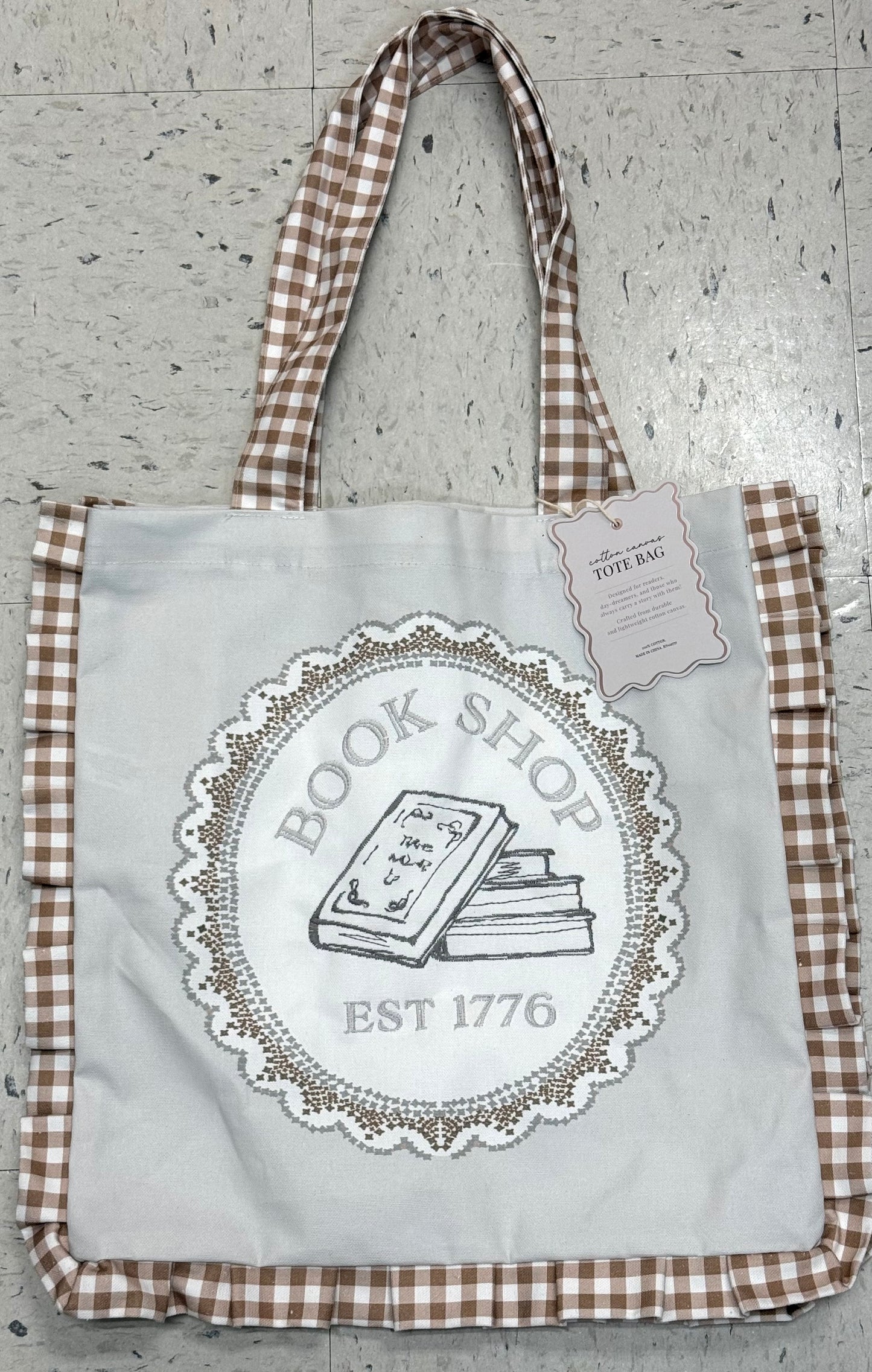 New white fall plaid book bag tote BOOK SHOP EST 1776