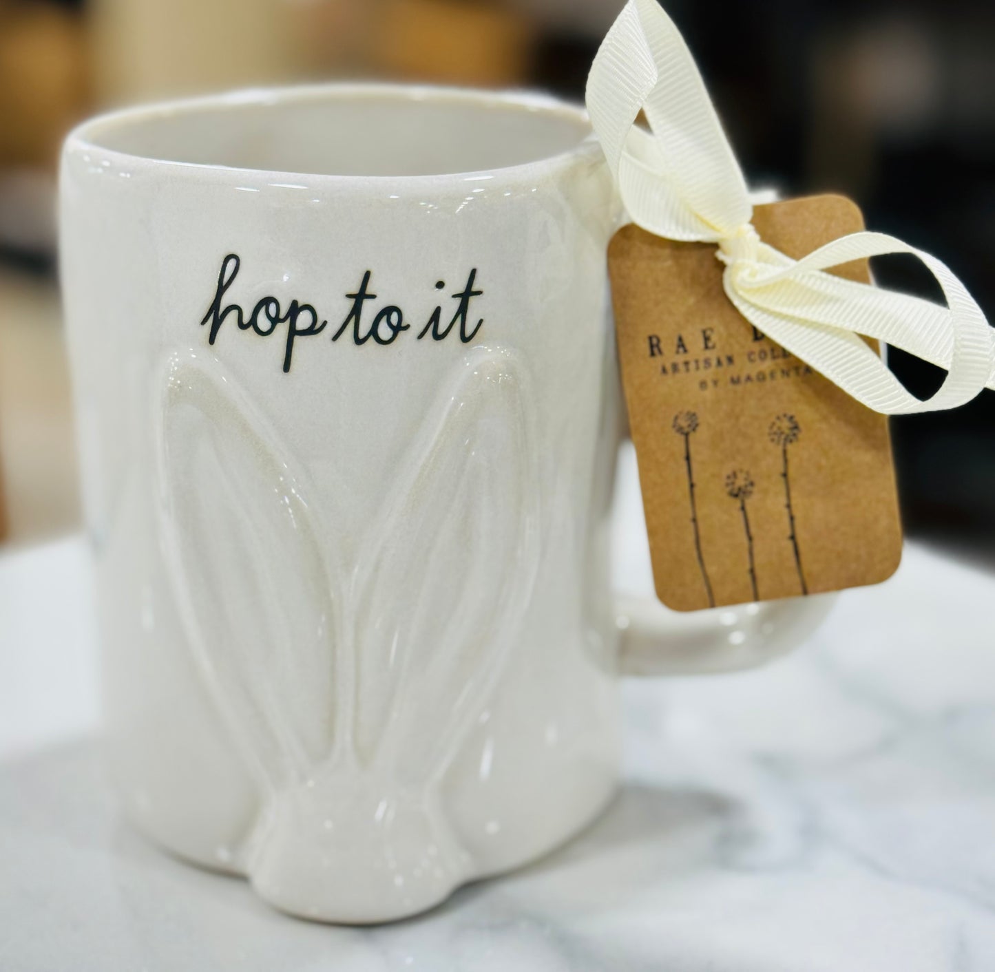 New Rae Dunn bunny ears white ceramic coffee mug HOP TO IT