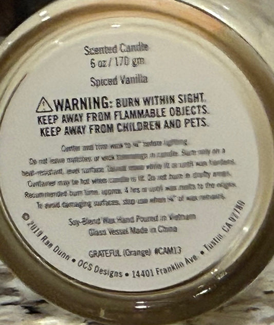 New Rae Dunn glass jar candle GRATEFUL -spiced vanilla 5oz