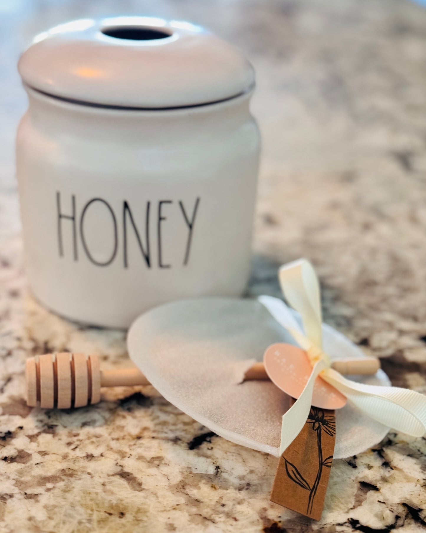 New Rae Dunn white ceramic HONEY 🍯 storage pot with wood stir spoon
