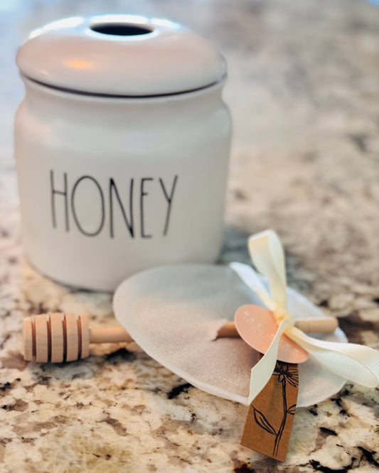 New Rae Dunn white ceramic HONEY π― storage pot with wood stir spoon