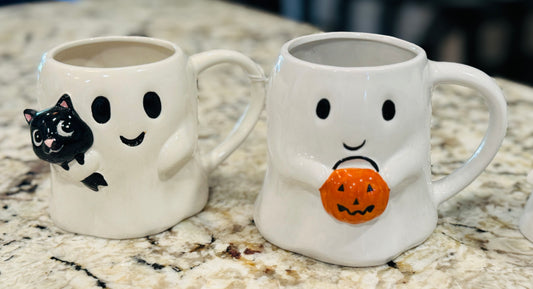 New 4-piece white ceramic hand painted ghost mug set Halloween decor