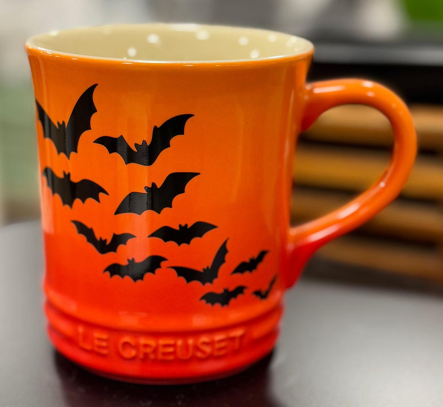New Le Creuset orange ceramic Halloween bat coffee mug decor
