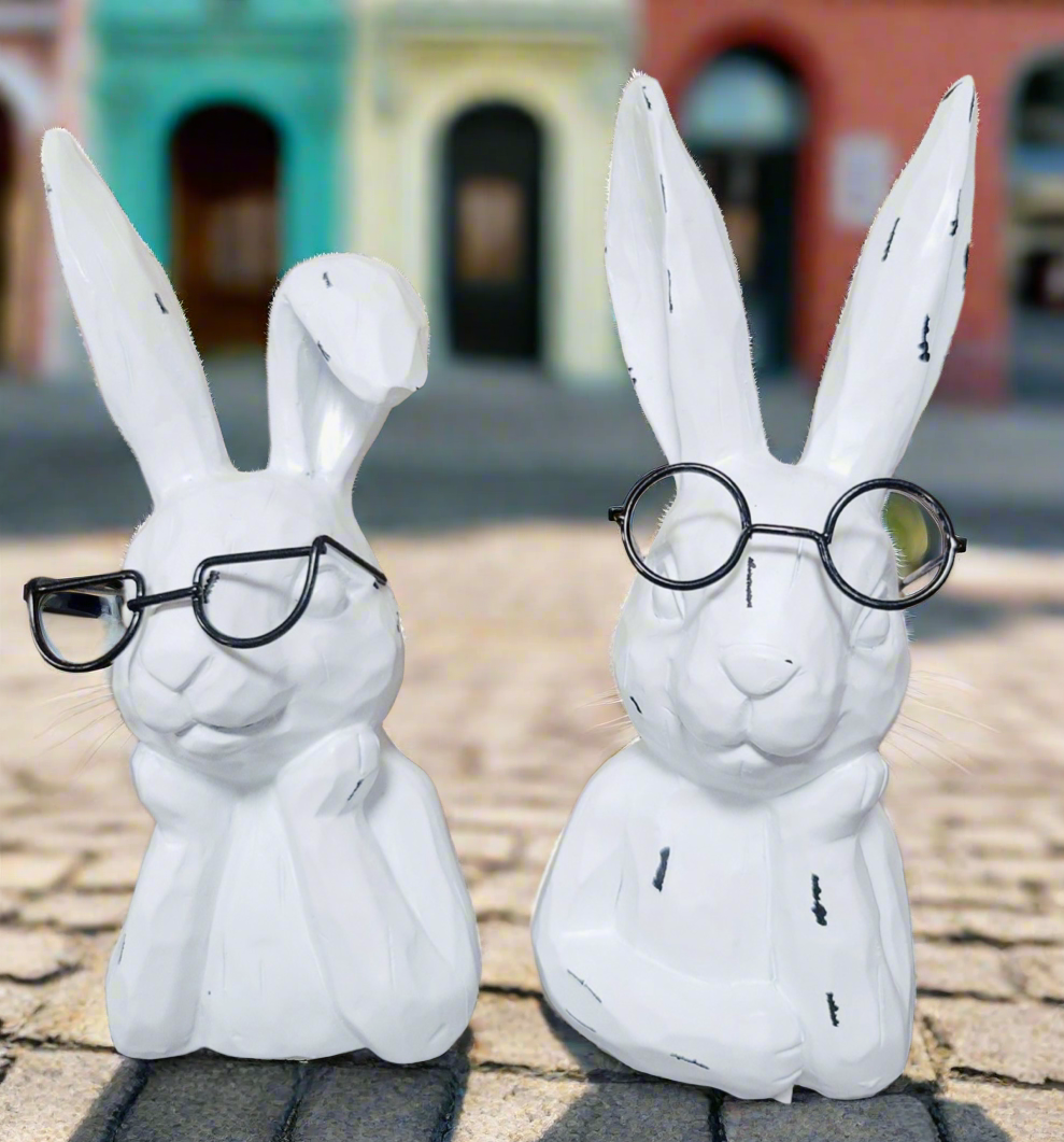 New white resin 5” Easter bunnies with glasses posing set