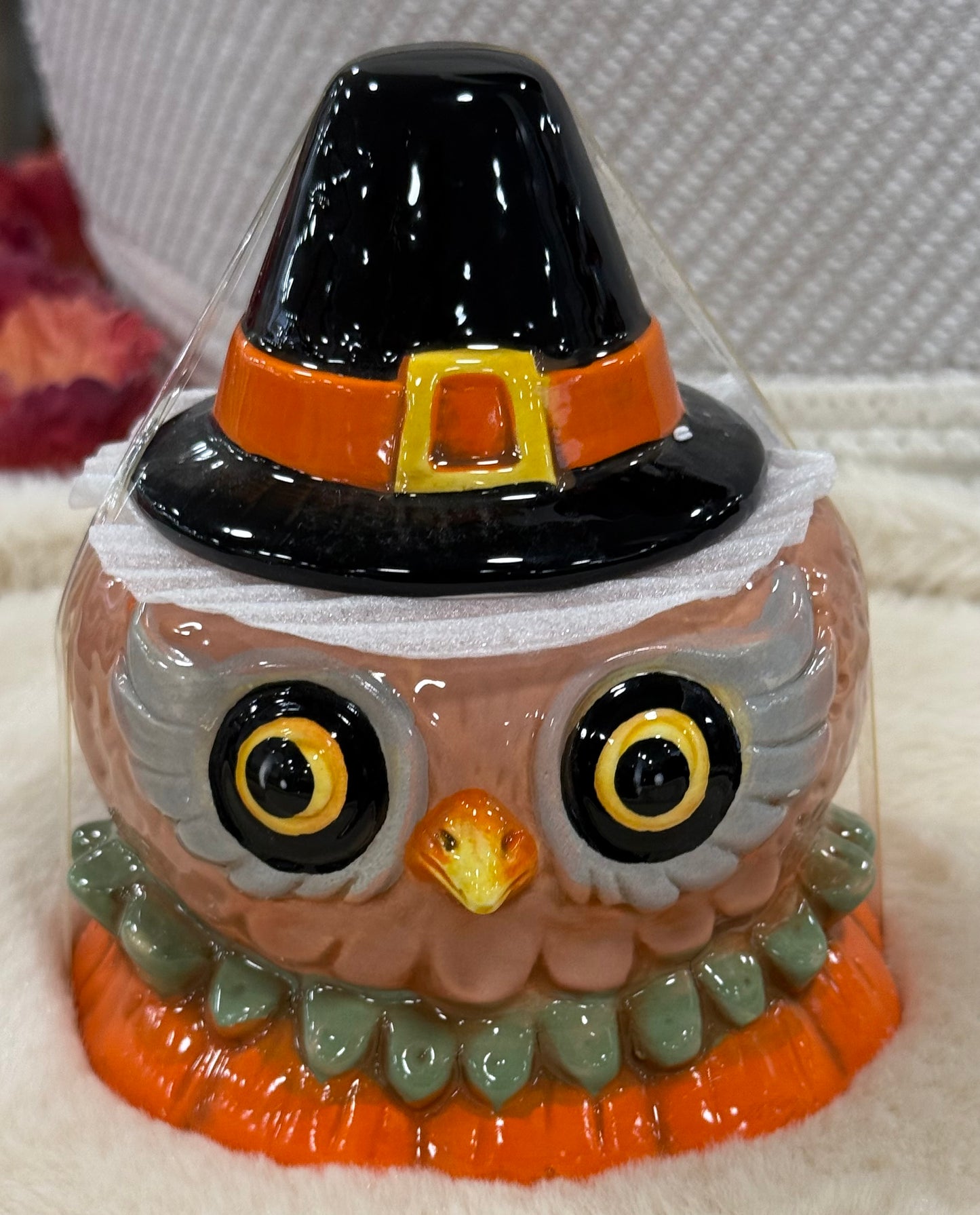 New Joanna Parker ceramic fall 5” trinket jar pilgrim OWL
