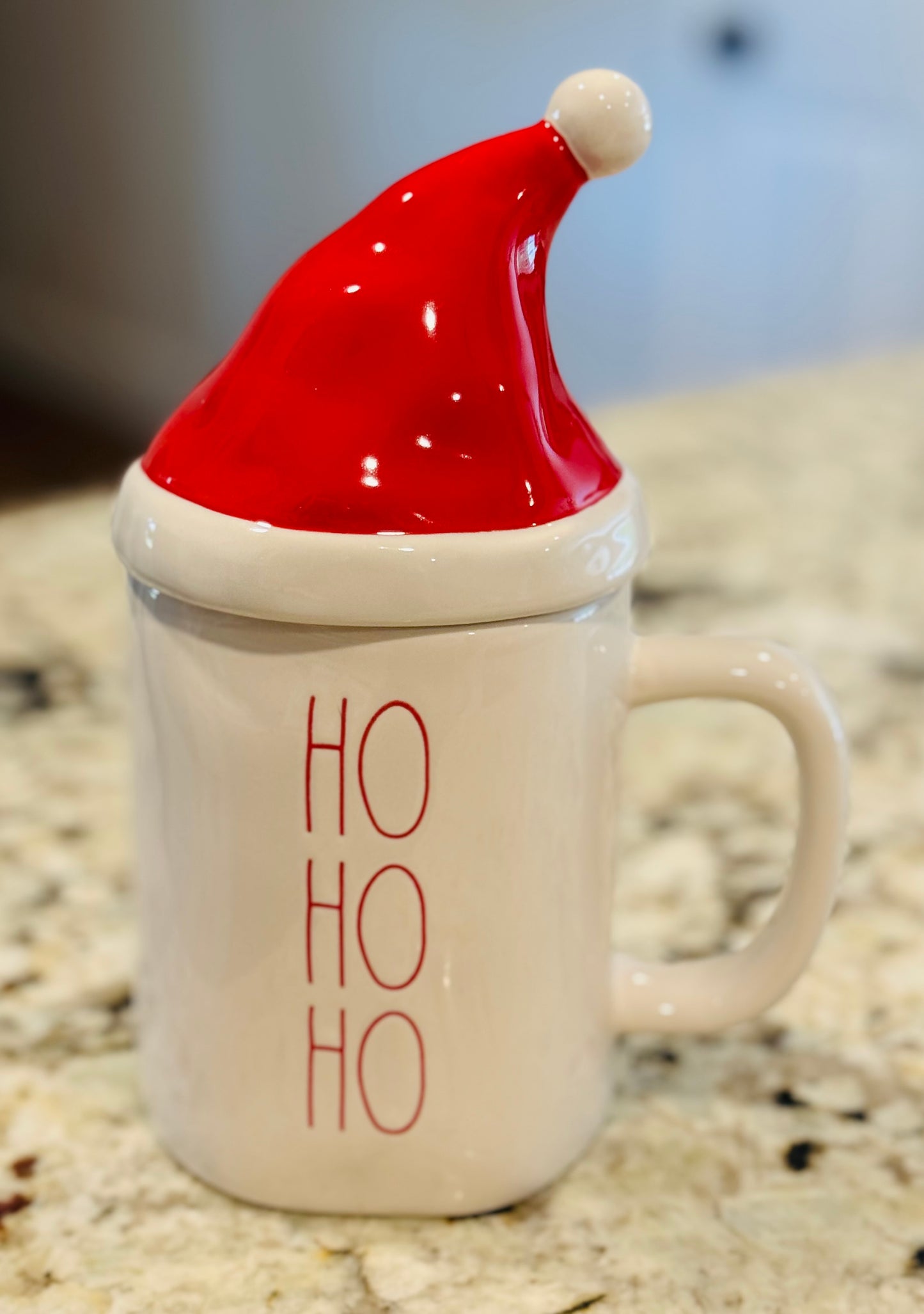 New Rae Dunn white ceramic coffee mug with hat topper HO HO HO