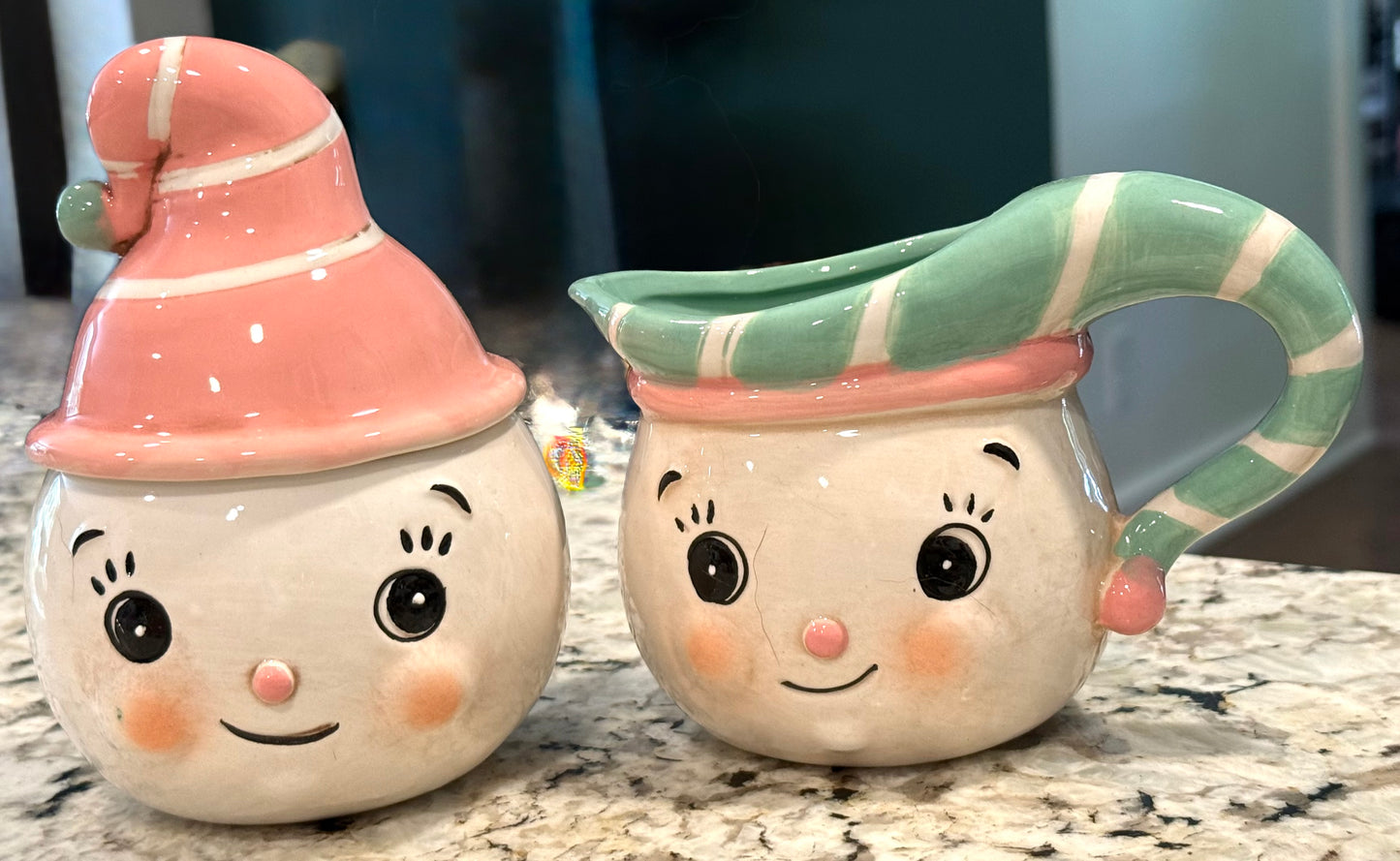 New Joanna Parker pastel snowman sugar & creamer Christmas decor set