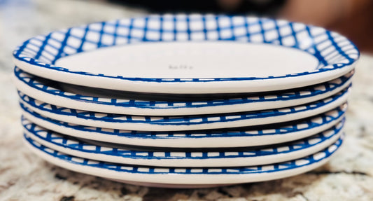 Rae Dunn 6-piece ceramic blue picnic print oval plate set 3 EAT & 3 TASTE