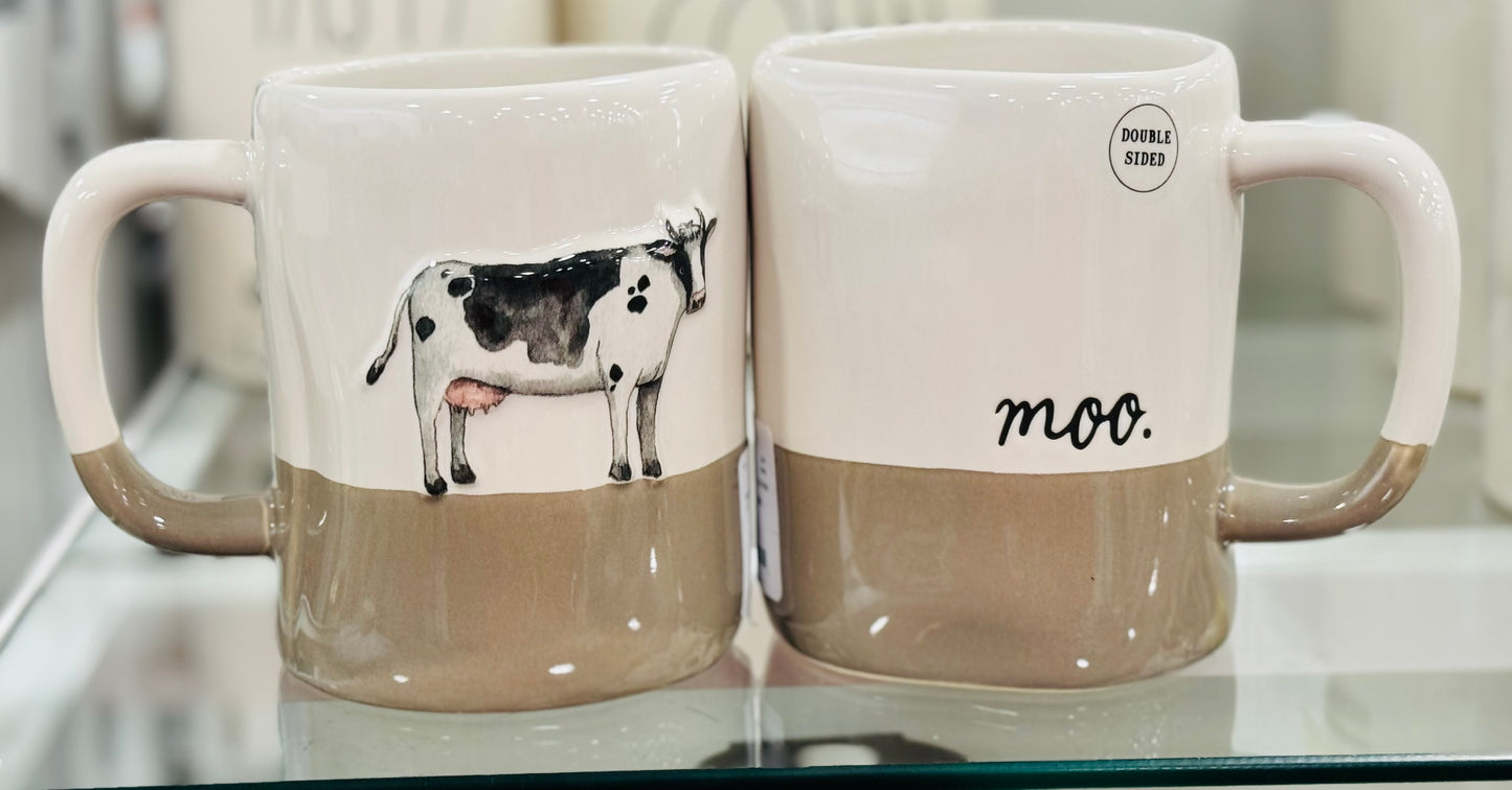 New Rae Dunn white ceramic Farm line cow MOO Coffee mug