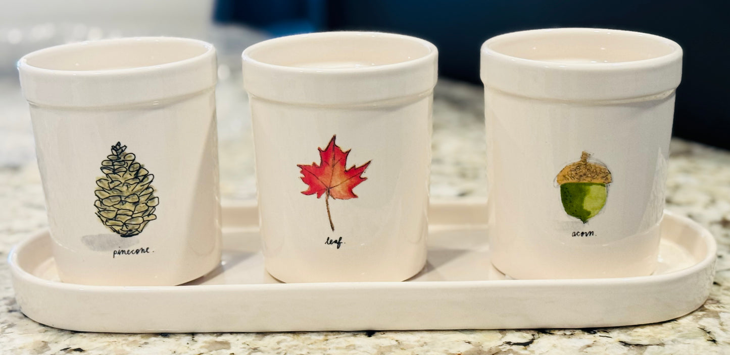 Rae Dunn 4-piece ceramic utensils holder set leaf acorn pinecone as shown