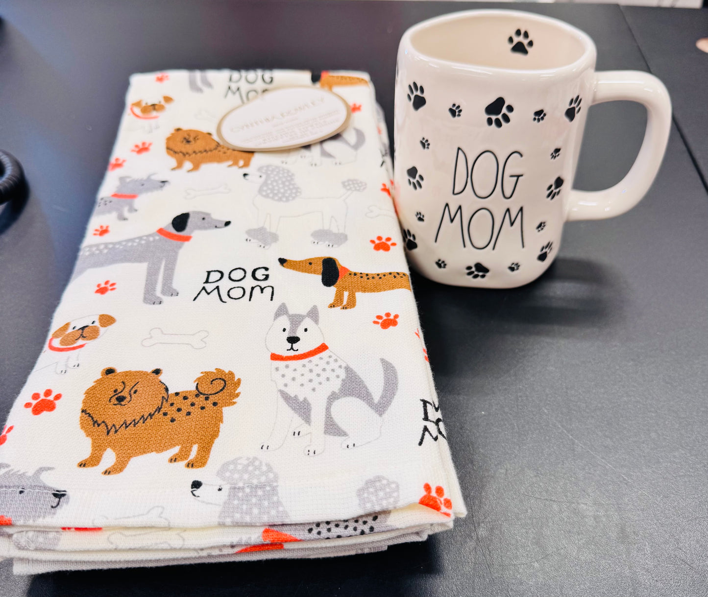New Rae Dunn white ceramic 🐾 coffee mug DOG MOM & 3-piece Dog Mom kitchen dish towel set