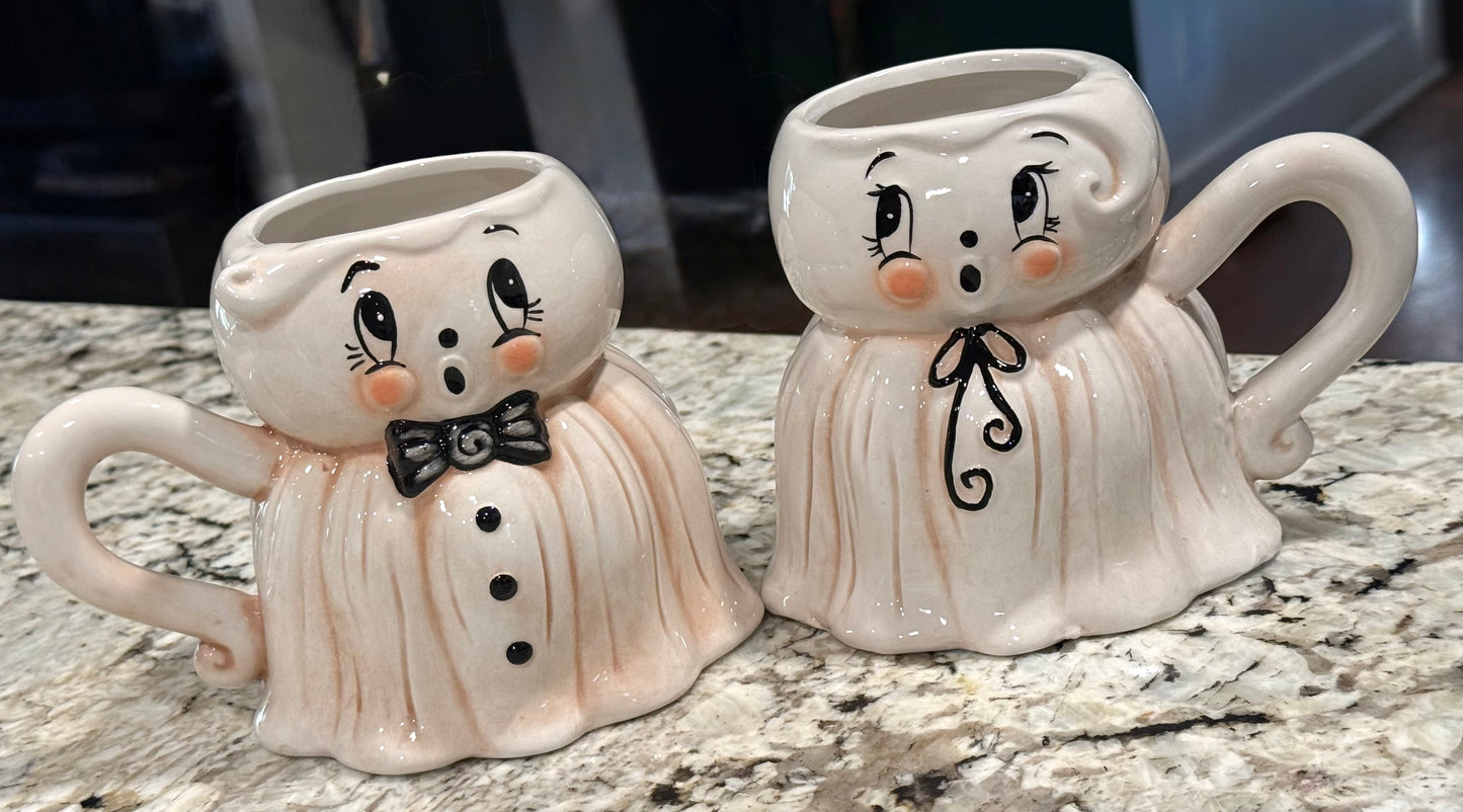 New Joanna Parker white ceramic Mr & Mrs bride Halloween decor ghost mug set