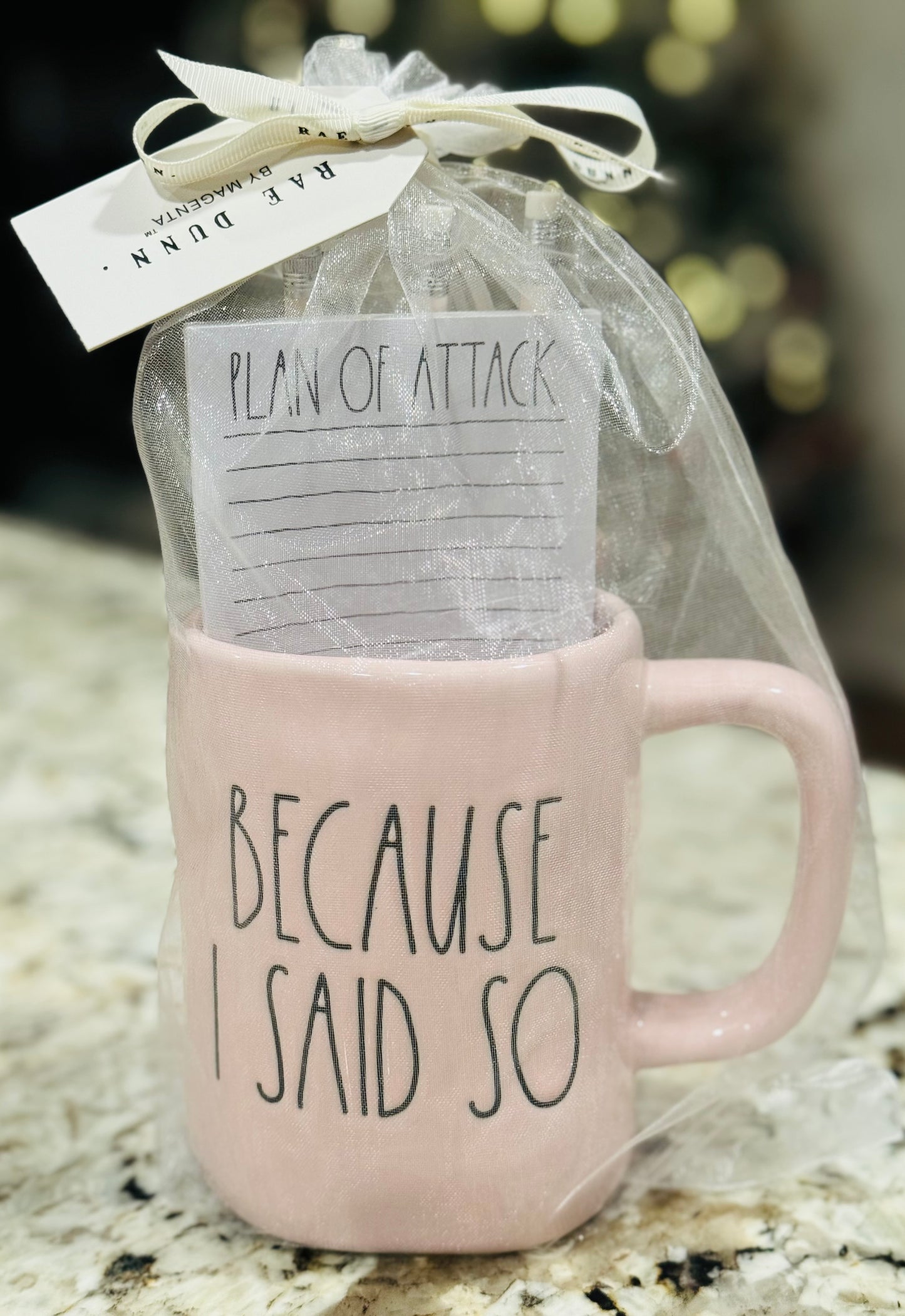 New Rae Dunn pink ceramic coffee mug gift set with notepad & 3 pencils BECAUSE I SAID SO