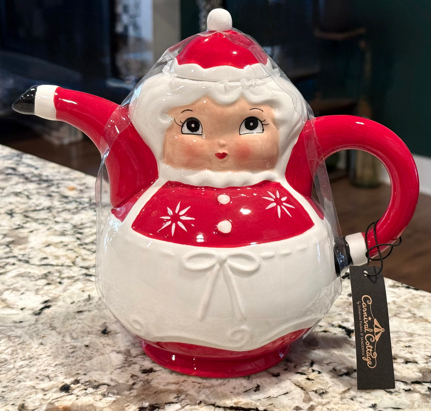 New Joanna Parker red ceramic Mrs Claus Christmas Teapot decor