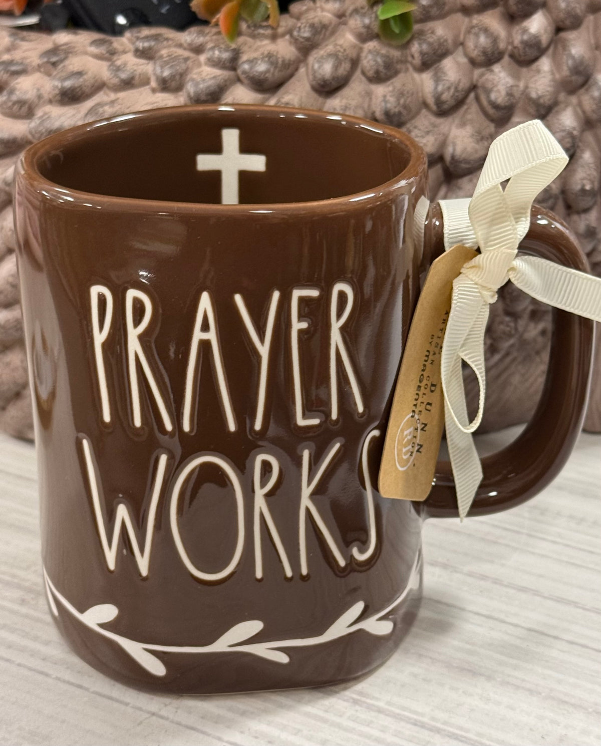 New Rae Dunn brown ceramic coffee mug PRAYER WORKS