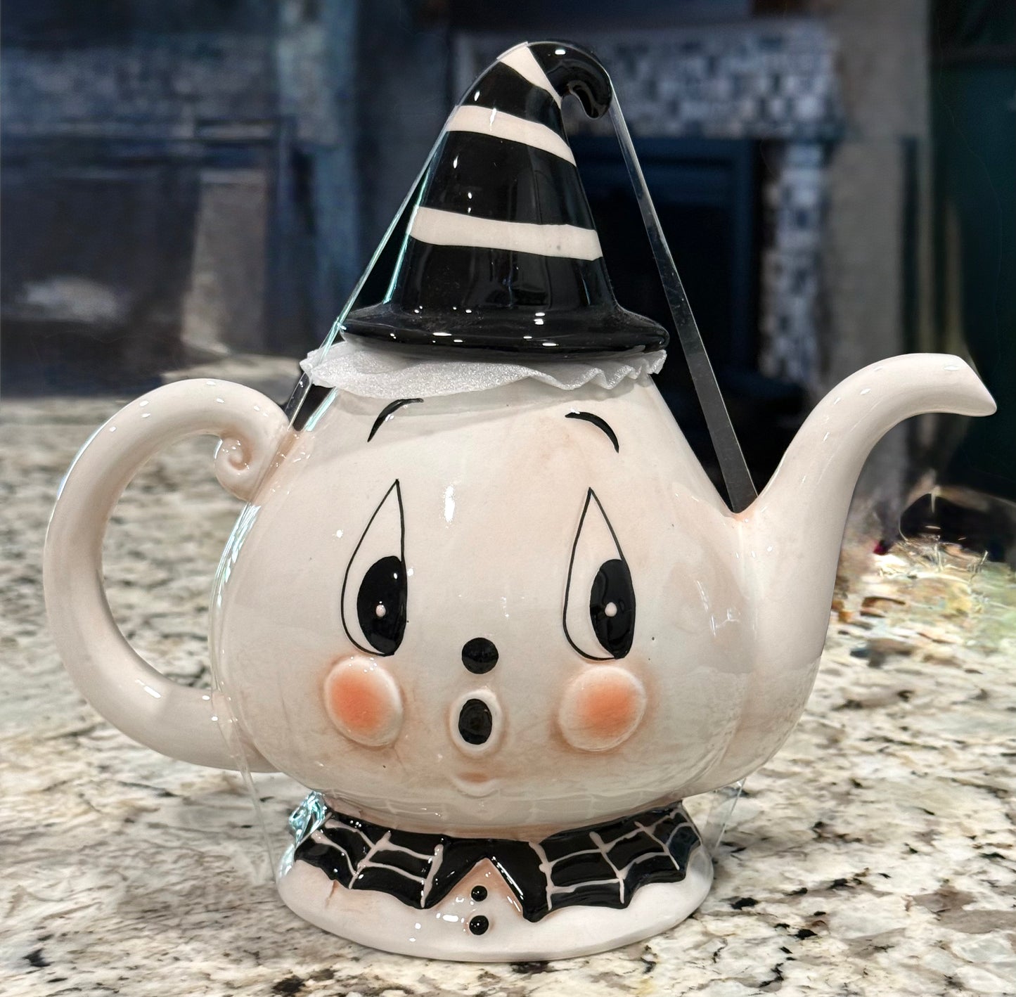 New Joanna Parker white ceramic teapot Halloween decor-striped hat