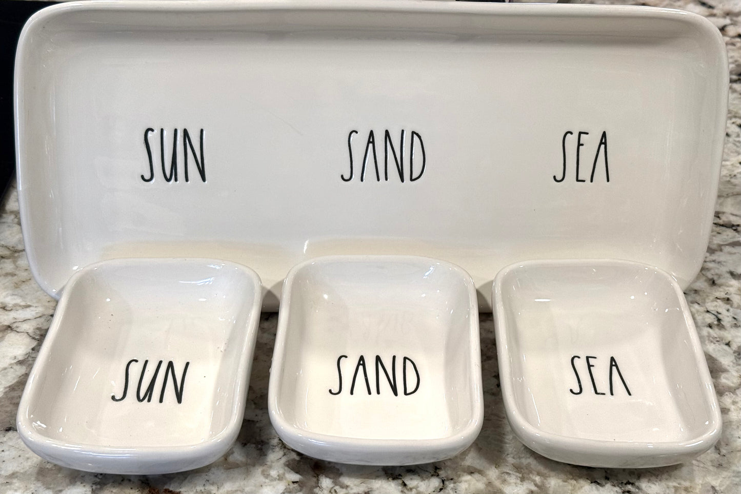 Rae Dunn beach themed white ceramic serving plater with plates SUN SAND SEA