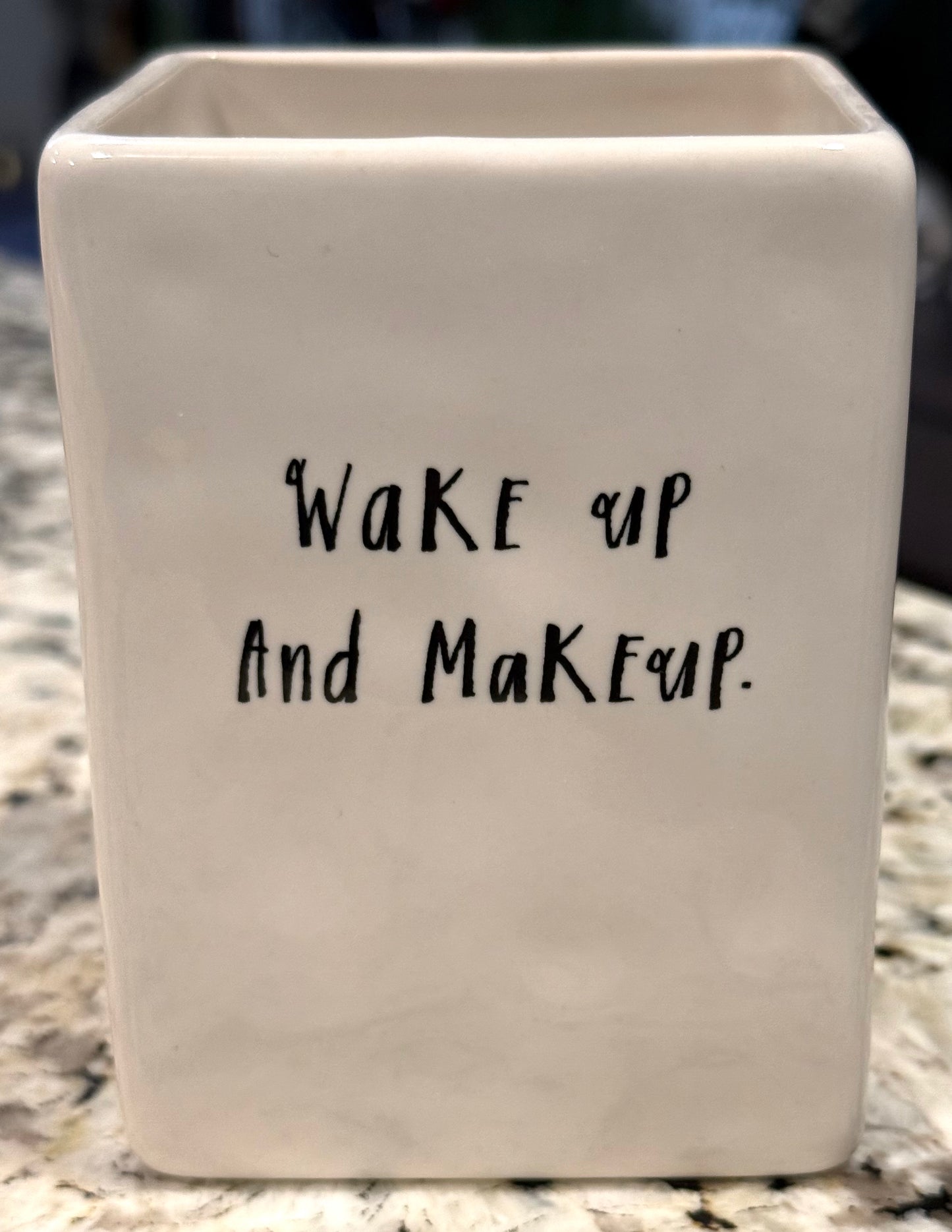 Rae Dunn 4.75” storage container WAKE UP AND MAKEUP. 💄