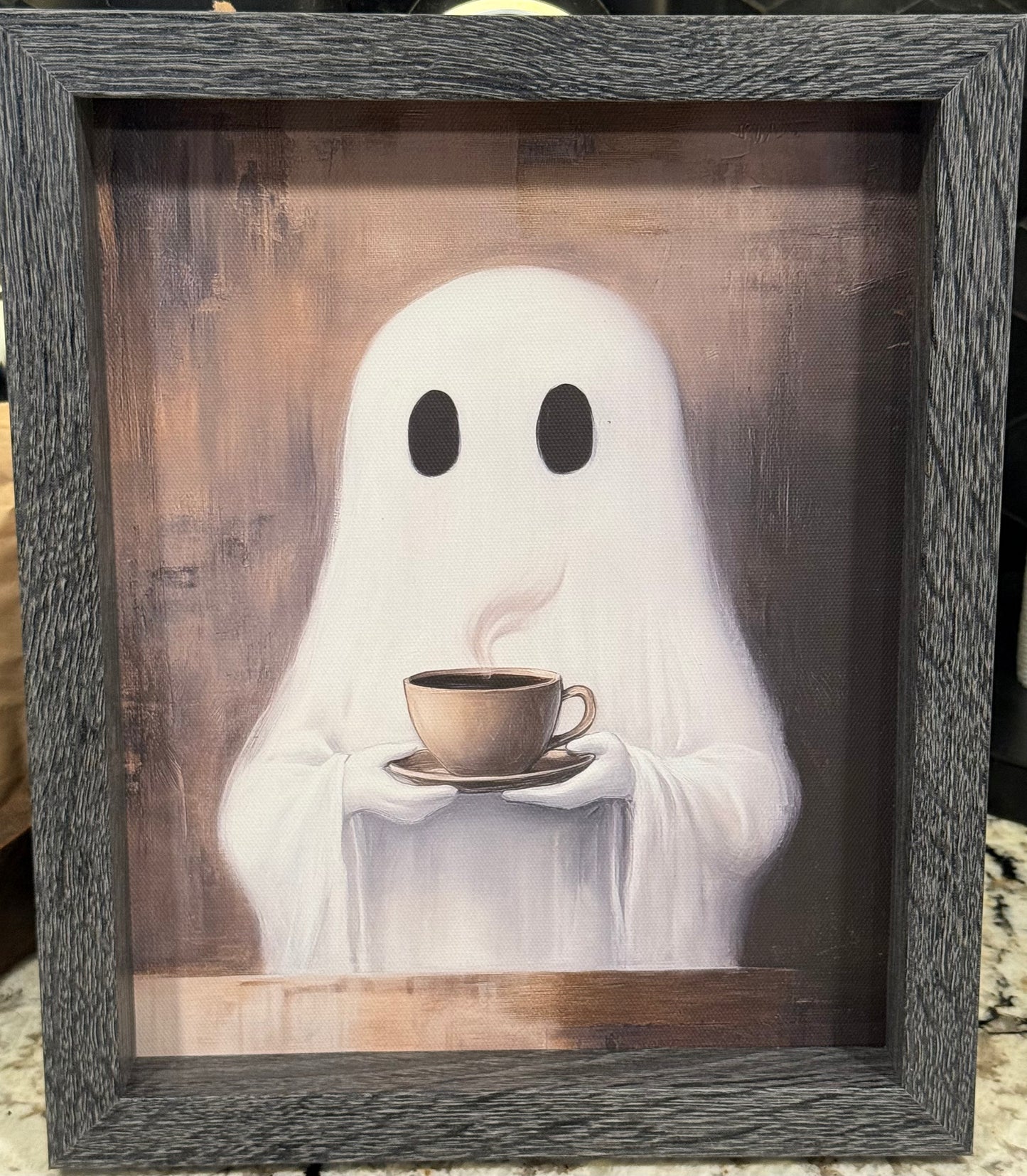 New gray wood framed ghost holding coffee Halloween picture decor 8x10