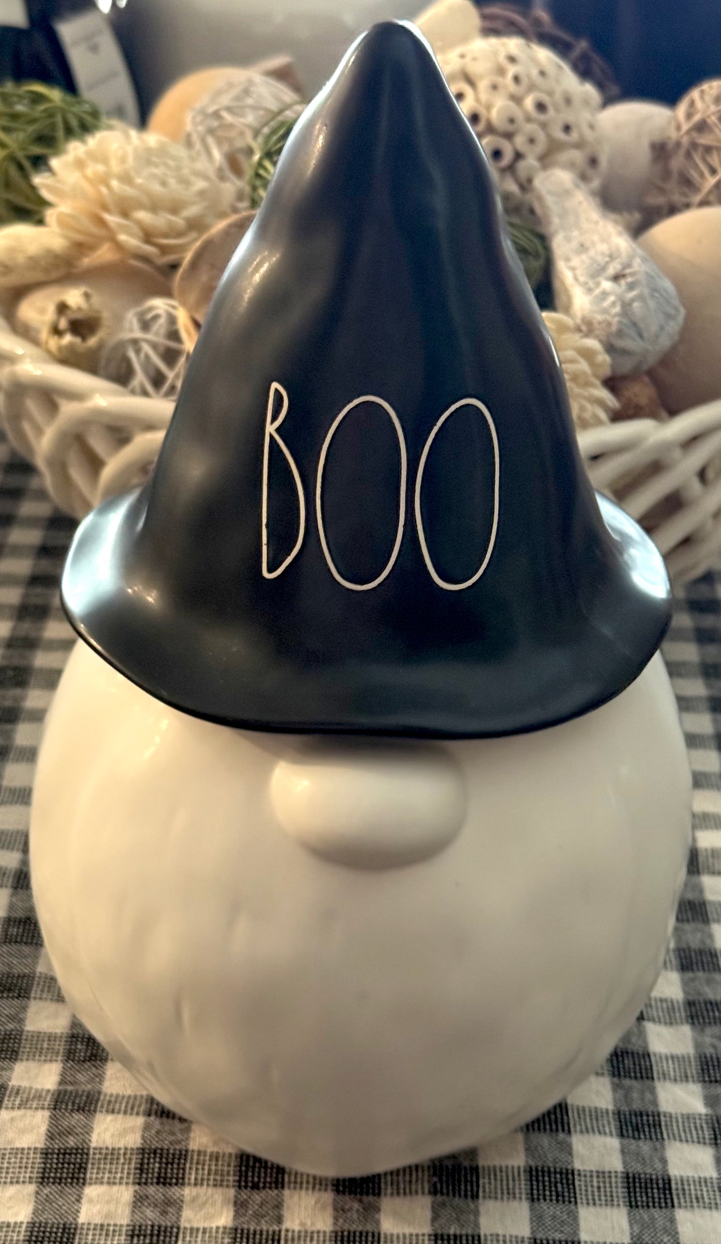New Rae Dunn white/black ceramic Halloween decor 8” gnome statue BOO