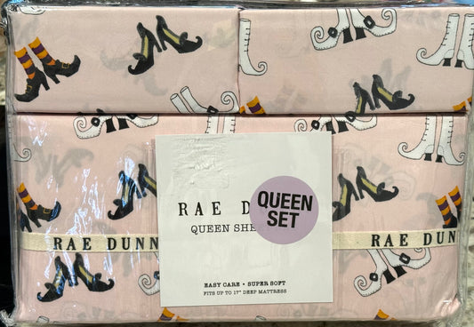 New Rae Dunn pink witches feet Halloween QUEEN sheet set