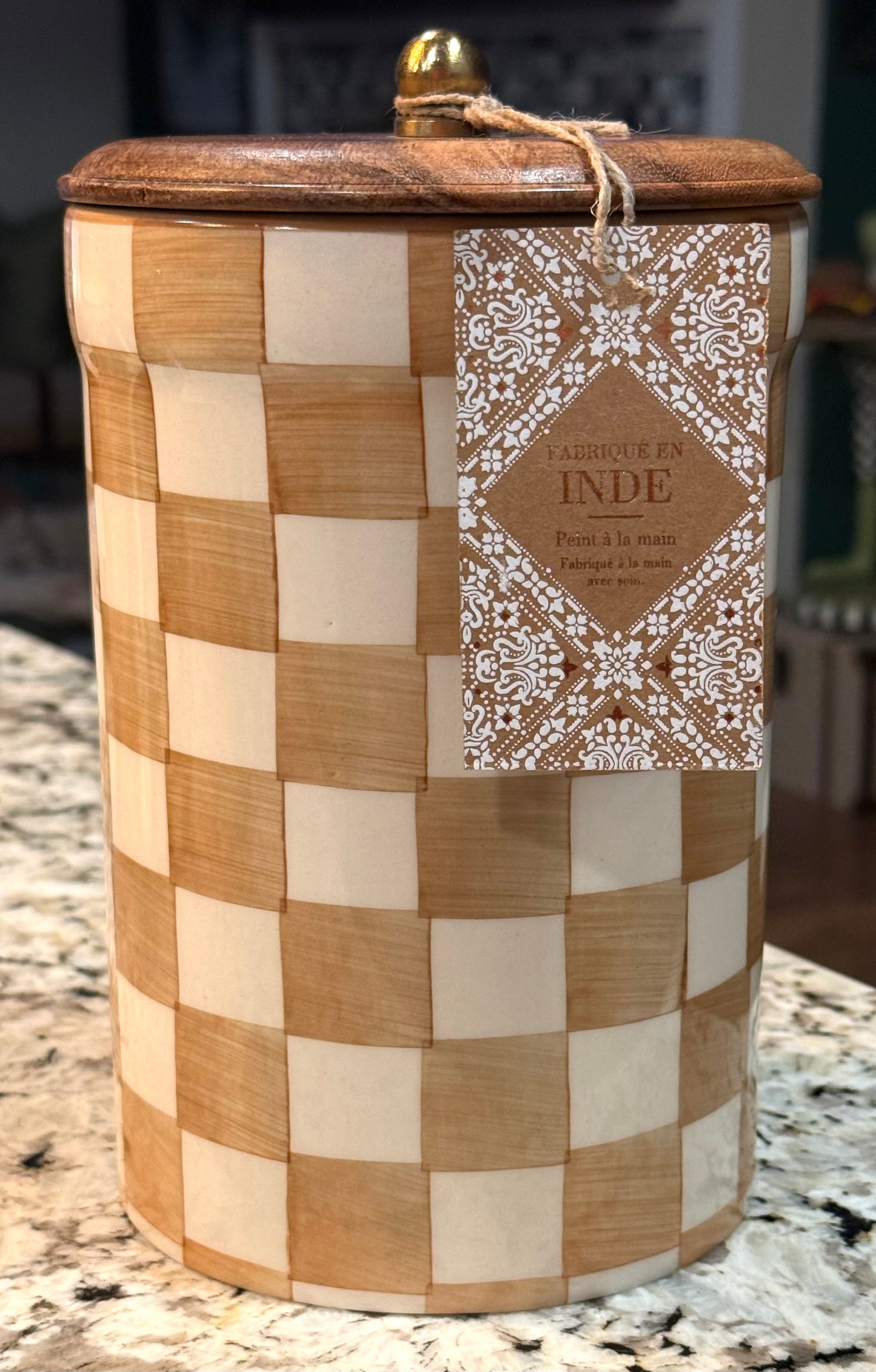 New Made in India ceramic 9” storage butter ceramic check checkered storage canister decor