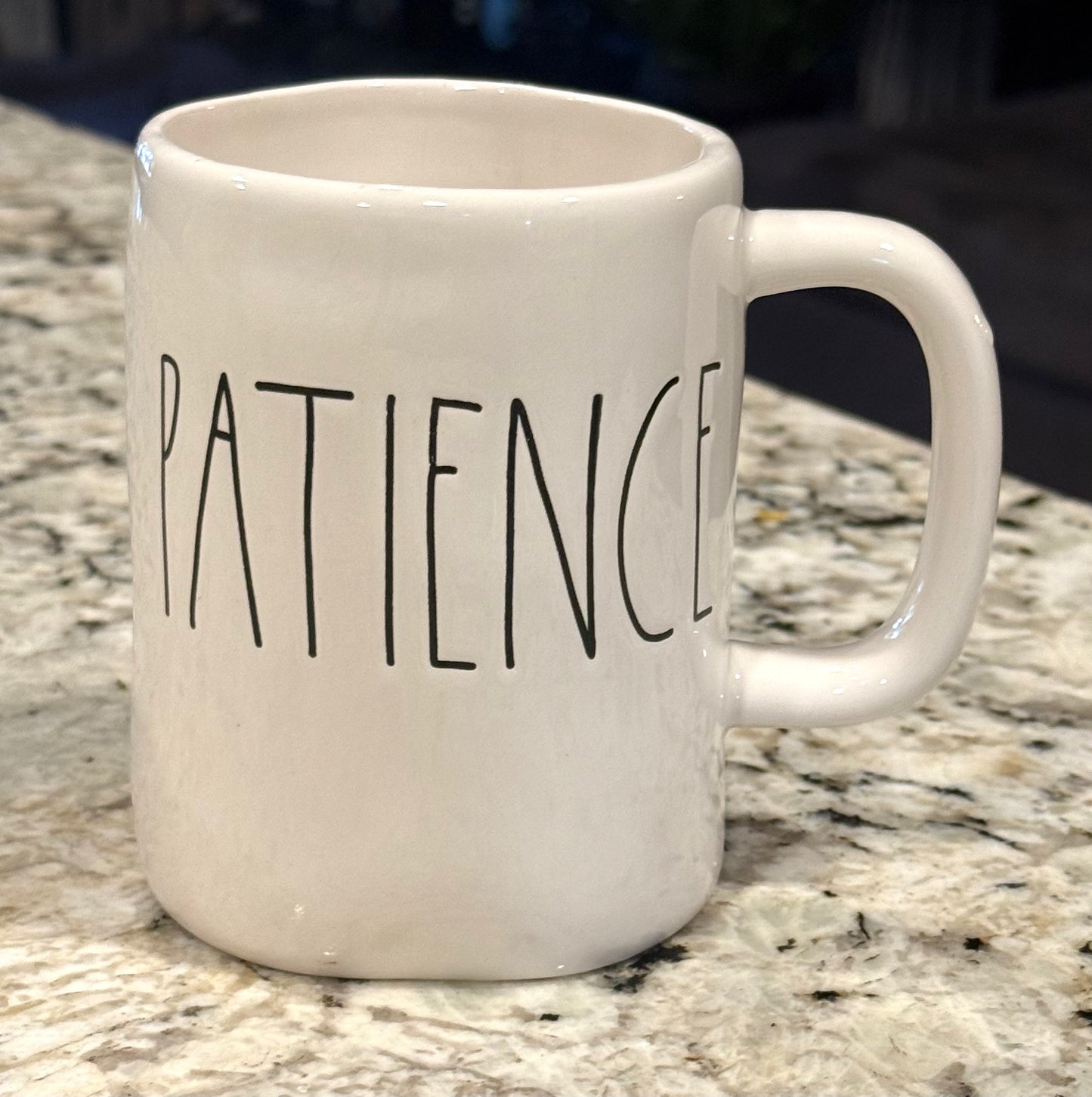 Rae Dunn white ceramic coffee mug PATIENCE